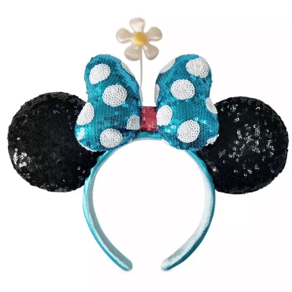 ~💙NWT Disney Parks Timeless White Daisy Blue Sequin Polka Dot Bow~ - Picture 2 of 4